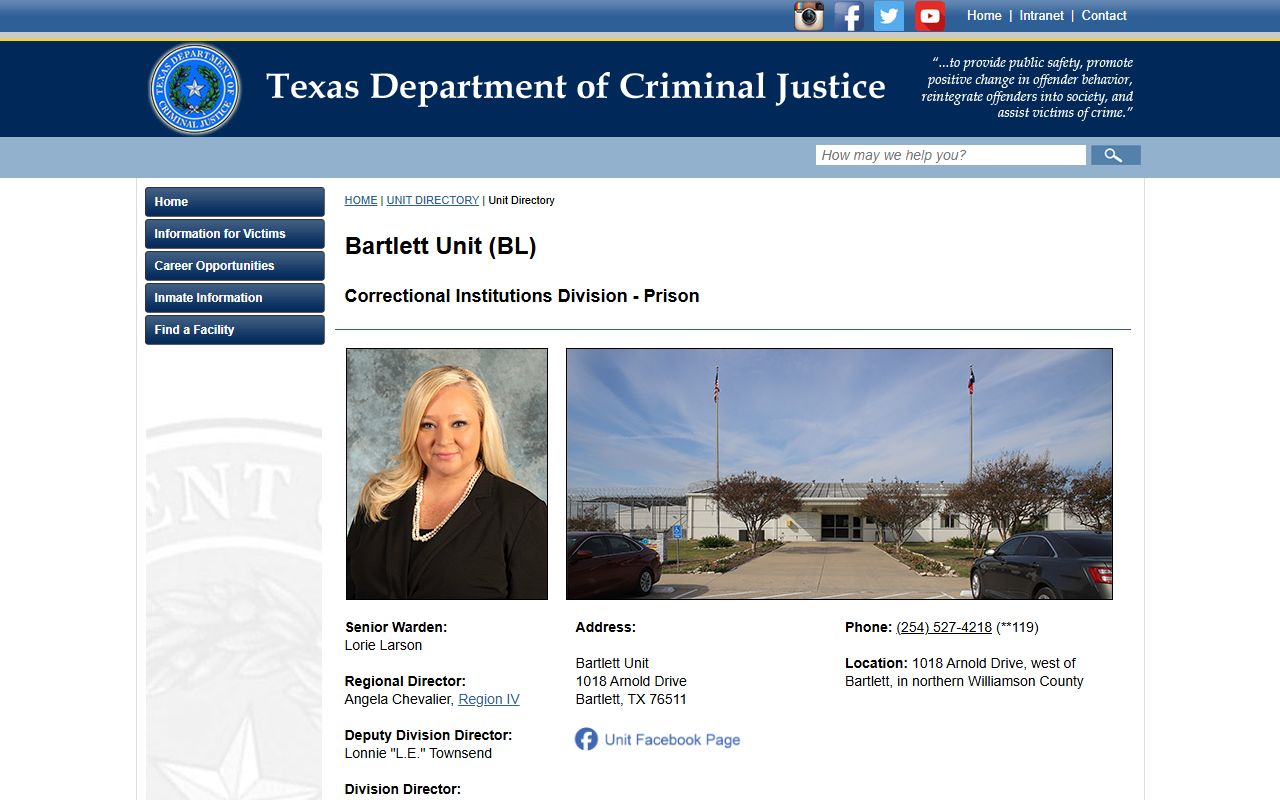 Bartlett Unit TDCJ inmate lookup and Williamson County prison information